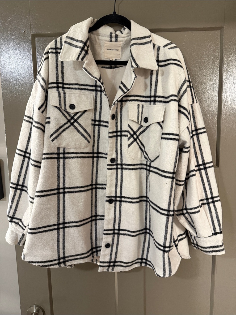 Thread & Supply Cream and Black Plaid Teddy Shacket